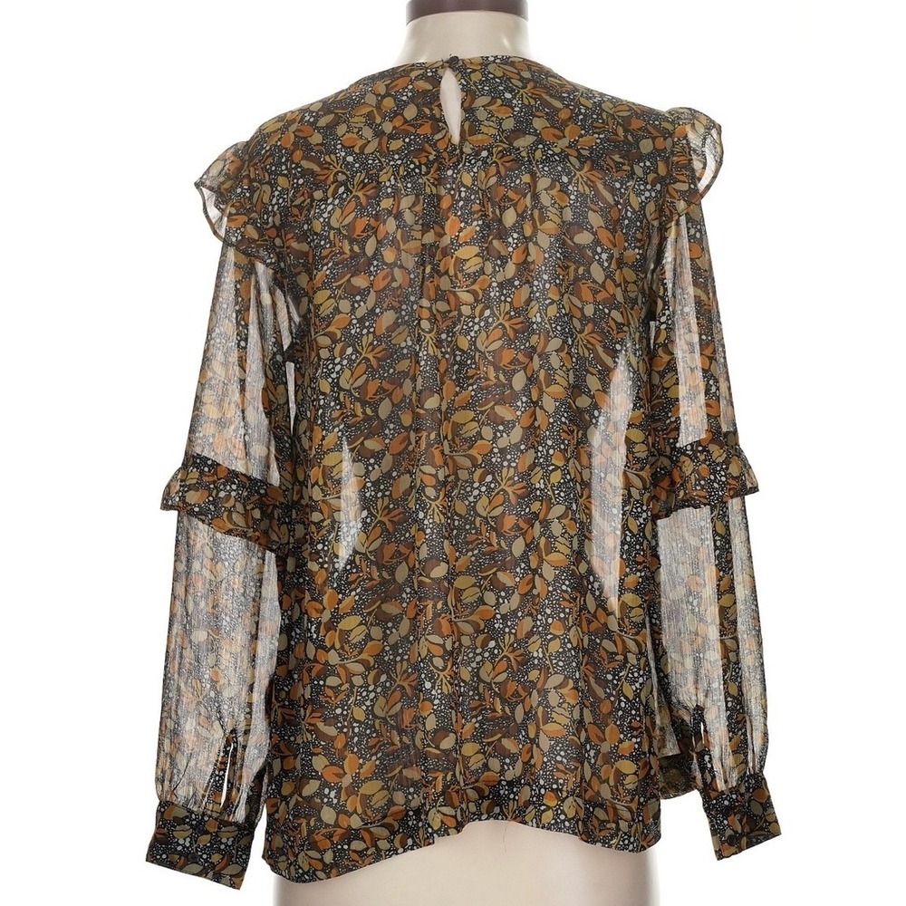 BA&SH Lady Floral Semi-Sheer Ruffle Blouse Tiered Sleeves Brown Gold | Women's S